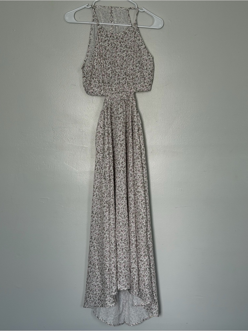 Smocked Halter High-Low Floral Maxi Dress with Side & Waist Cutouts